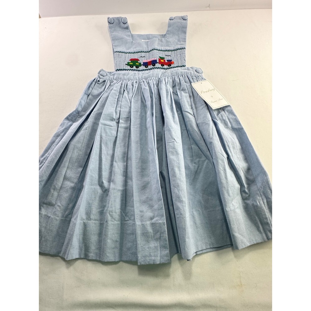 Strasburg Children Blue Chambray Smocked Train Jumper Dress Size 4 NWT C-447